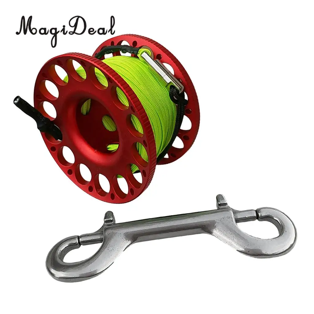 Scuba Diving Aluminum Alloy Spool Finger Reel with Stainless Steel Bolt Snap Hook SMB Safe Equipment - 30m High Visibility Line