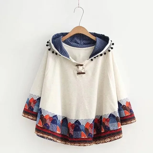 

Japanese Mori Girl Harajuku Vintage Casual School Loose Knitted Cotton Fish Print Cape Jacket Autumn Hoodies Women Sweatshirts