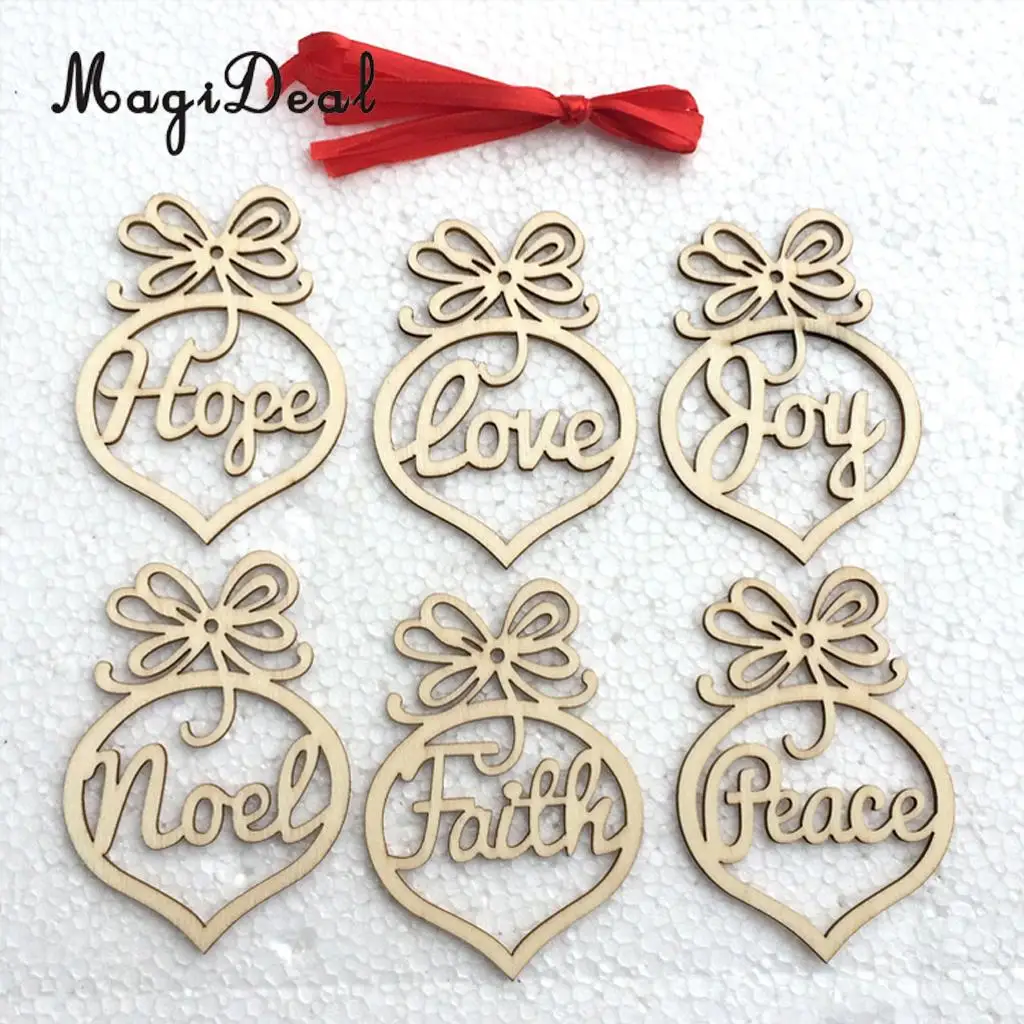 MagiDeal Beautiful Set of 6Pcs Wooden MDF Faith Noel Tags With String DIY Craft  for Christmas Garlands Scrapbooking Decoration