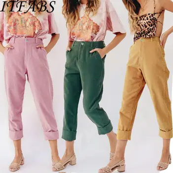 

New Women Ladies Fashion Casual Long Pants High Waist Button Elastic Solid Cotton Long Pants Pencil Trousers Party Clubwear