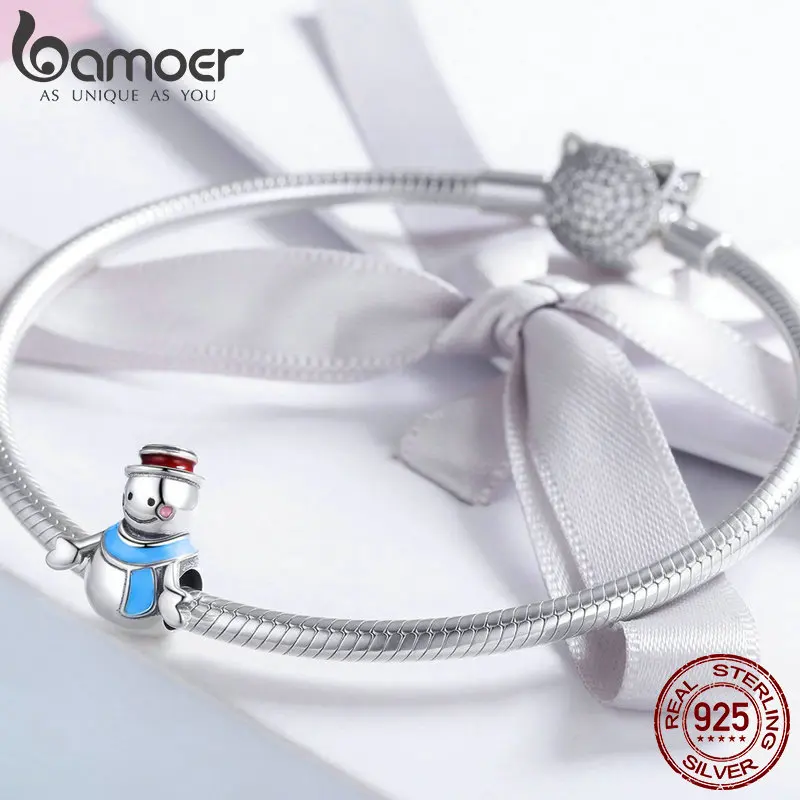 Подвески BAMOER Miss & Mr Snowman из настоящего серебра с эмалью подходящие для браслетов и