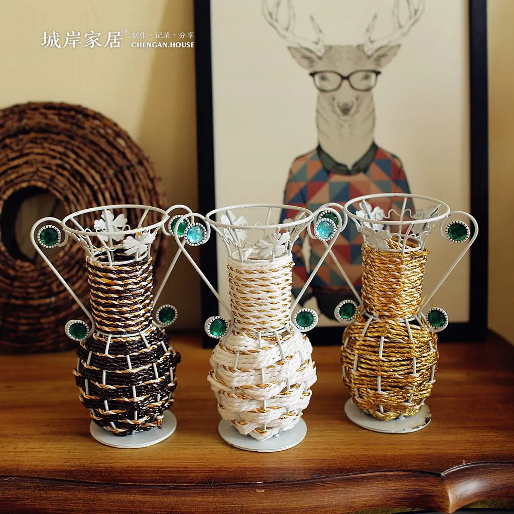American Country Style Tabletop Vases Hand woven Iron Vase ...