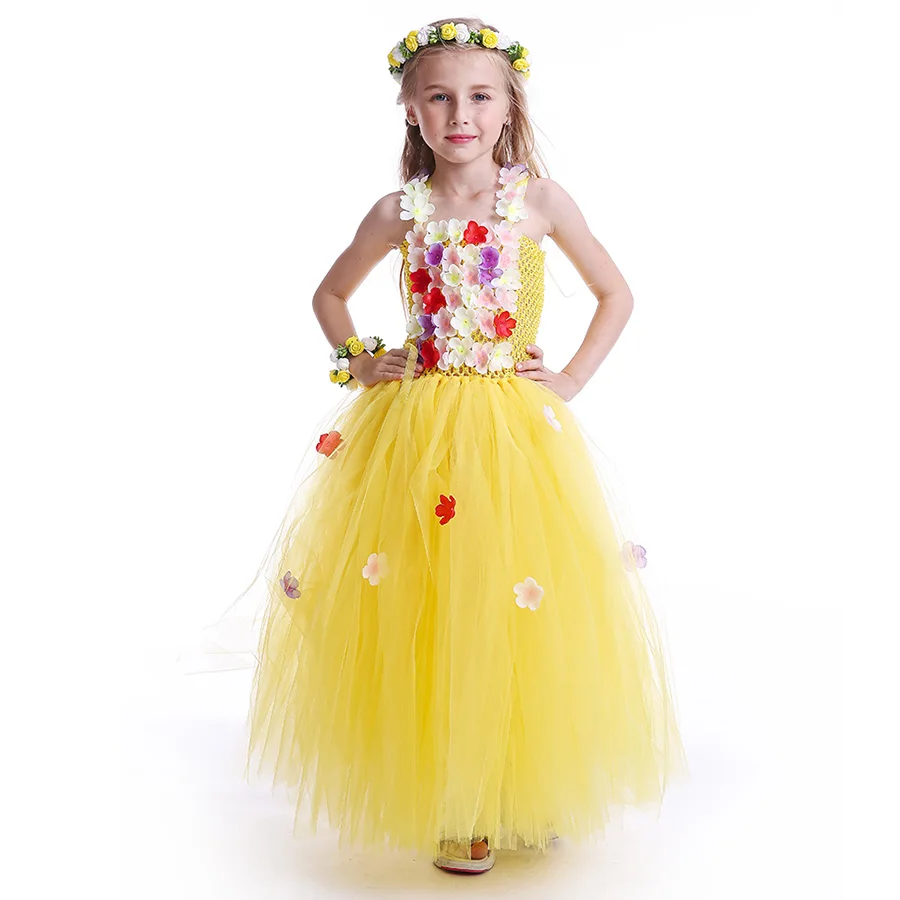 Multi Colored Flowers Kids Yellow Fancy full length Tutu Dress Baby Girls (4)
