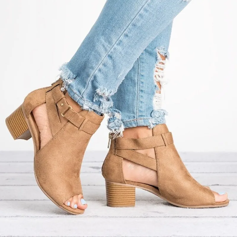 

2019 Woman Wedge Buckles Fish Mouth Sandals Gladiator Women Sandals Mid Heel Sandals Ladies Summer Peep Toe Women Shoes 35-43