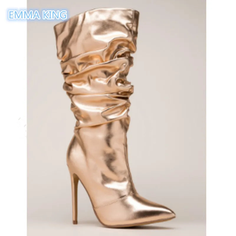 

Winter Solid Leather High Heels Women Boots Stilettos Pointed Toe Sexy Ladies Shoes Pleated Design Slip On Fashion Short Booties