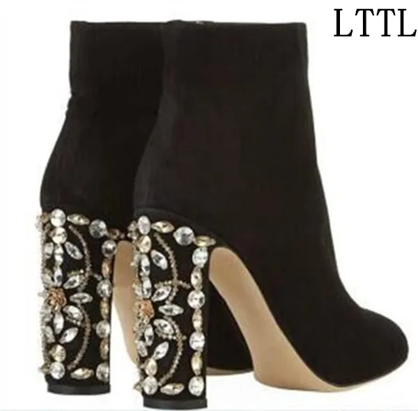 

2018 New Fall Winter Women Rhinestone Heel Ankle Boots Leather Crystal Mad Heel Comfortable Female Footwear Shoes Boots Woman