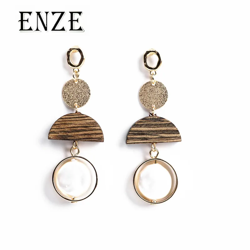 

ENZE new popular ladies jewelry White round imitation shell semicircular wood geometric combination long earrings for women