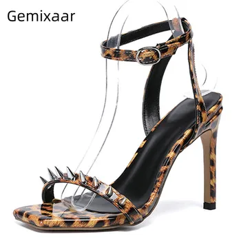 

One Strap Studded Metal Rivet Shoes Woman Square Toe Narrow Buckle Sexy Leopard Print Sandals High Gladiator Heel Woman Sandals