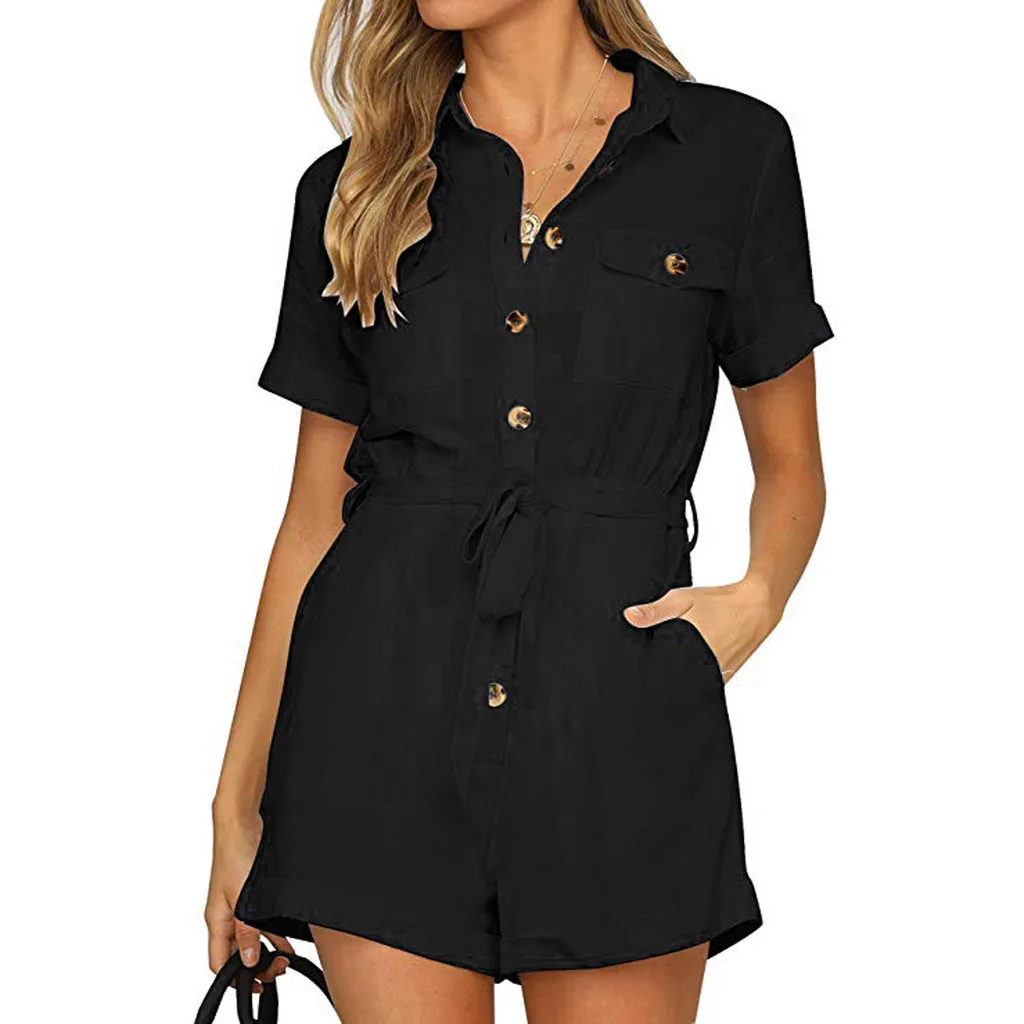 

Fashion Summer Women's V Neck Short Sleeve Romper solid Button Pocket Playsuit Casual Loose Jumpsuit