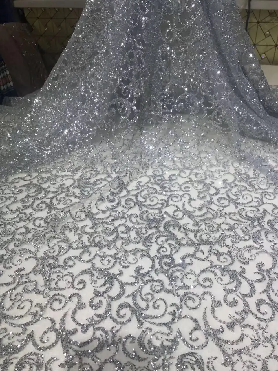 

5yards JIANXI.C-71533 shining glued print glitter in silver sparkle net tulle mesh lace for fashion dress