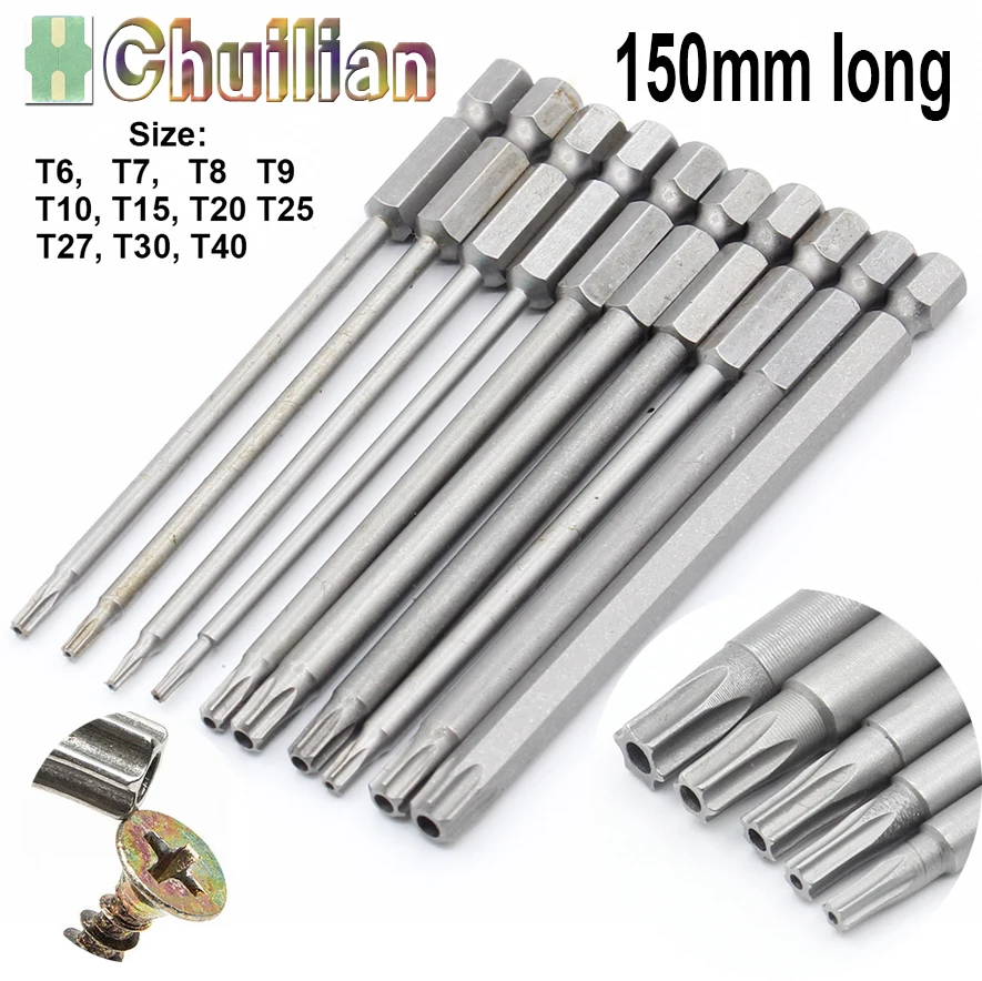 1Pc 150mm long T6 T40 Torx Screwdriver Bits Set Electric