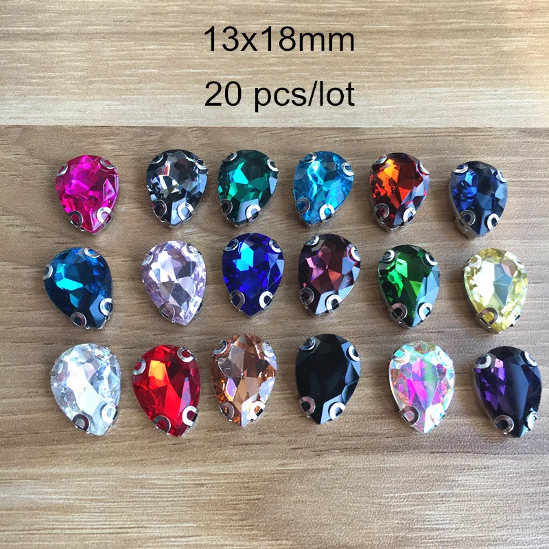 

20 pcs Sewing Beads 13x18mm Waterdrop Crystal Glass Set Silver Prong,Sew on Glass Beads For Clothing Decoration,Various Colors