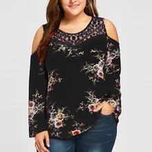 Fashion Womens T-shirt Plus Size Lace Cold Shoulder Floral Printed T-shirt Tops lace up plus size floral stripe t shirt