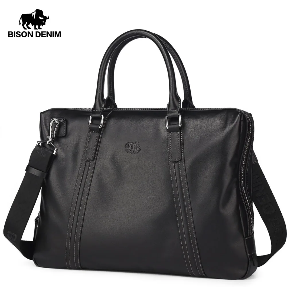 

BISON DENIM Genuine Leather Men Bags Cowhide Handbag Casual Big Totes 15.6" Laptop Travel Bags For Male Briefcases N2631-3B