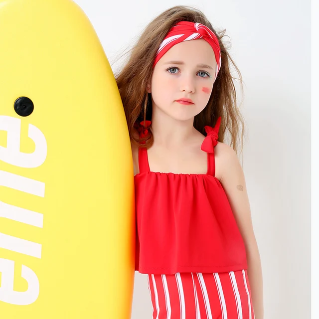 M Cute S Red Bathing Suits With Hair Band Ruffles Top M Cute S Red Bathing Suits With Hair Band Ruffles Top Striped Long Pant Two Piece