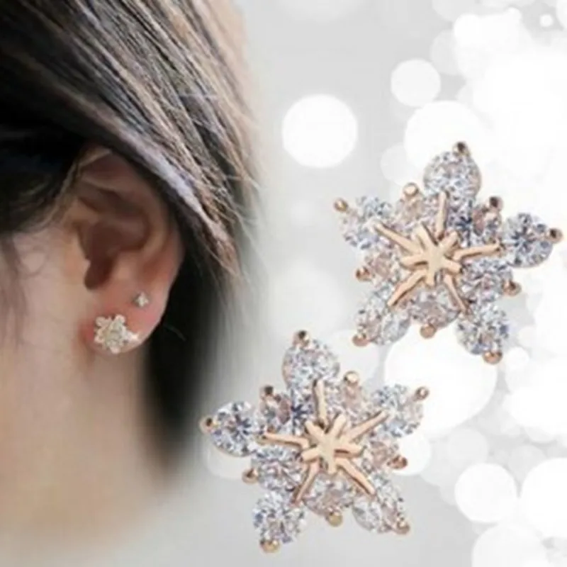 Crystal Snowflake Statement Stud Earrings For Women Gold Color Earring