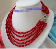 

Wonderful Lucky Jewelry stunning 5rows 5mm round red crude coral necklace n10022 Women wide fshipping Factory wholesale price