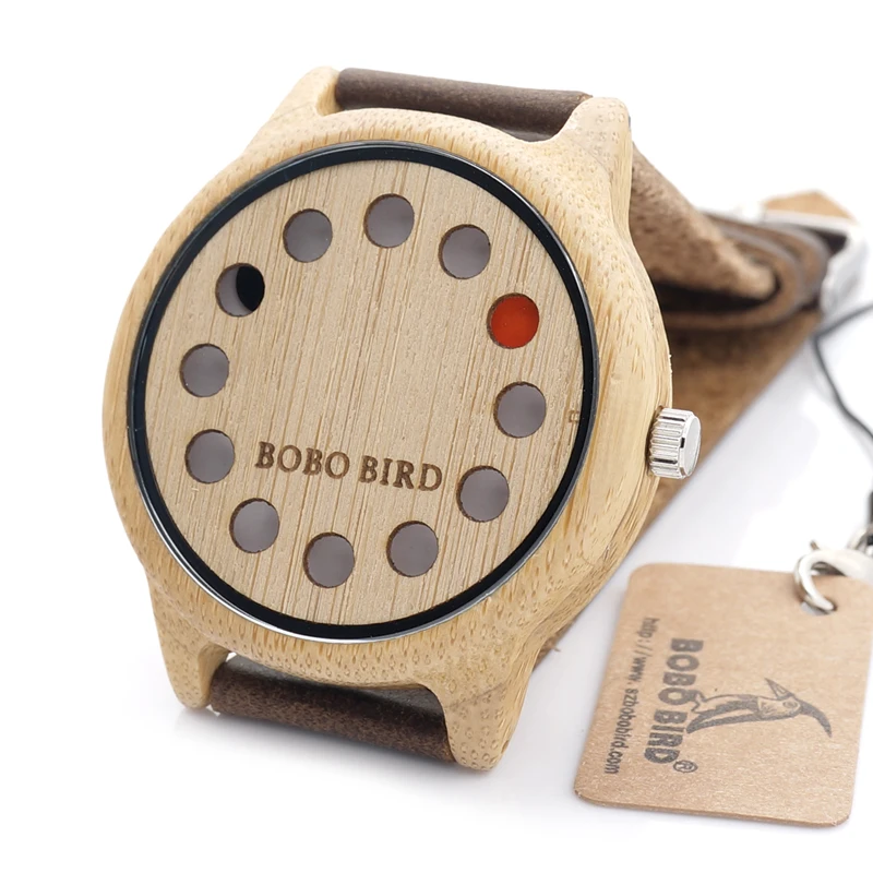BOBO BIRD Unique Wood Watch 12 Wholes Real Leather Band Bamboo Quartz Watch for Men In Gift Box