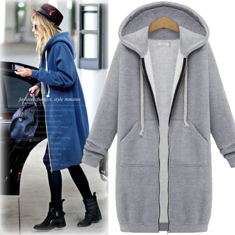 spring autumn new large size women's hooded long-sleeved Sweatshirt fleece Medium length Thick warm Cotton zipper Outerwear coat