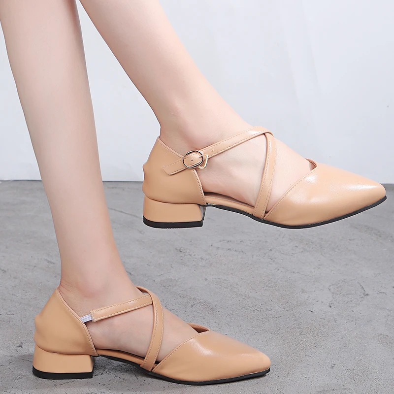 

Liren 2019 Summer Fashion Casual Lady Sandals Cross-tie Buckle Low Heels Sandals Square Heel Pointed Wrapped Toe Women Shoes