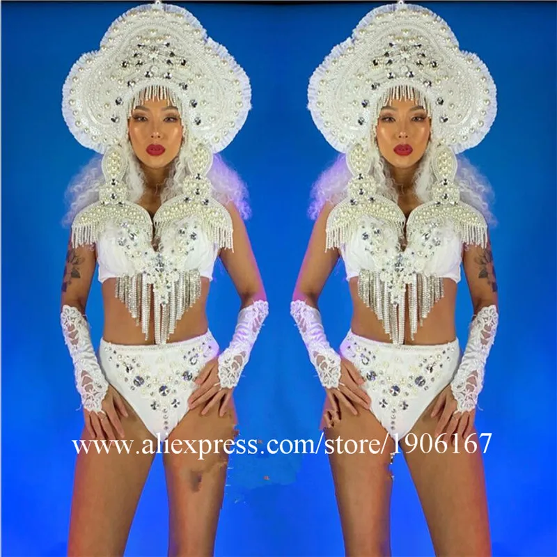 White caywalk performance dress dj headwear ds bodysuit pearl bikini singer wears dance costume ballroom clothe bra disco dj05