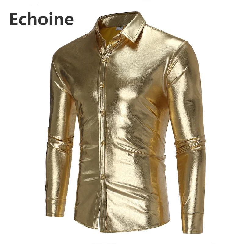 

Autumn Men Gold Coated Metallic Paisley Shirt Men Night Club Wear Shirt Slim Fit Chemise Homme Casual Button Down Mens Shirts