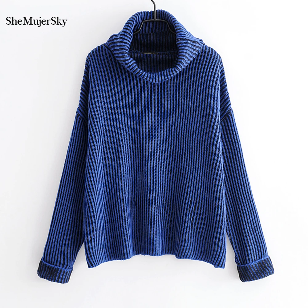 

SheMujerSky Oversized Sweater Blue Turtleneck Loose Pullover Knitted Sweaters sweter mujer 2018
