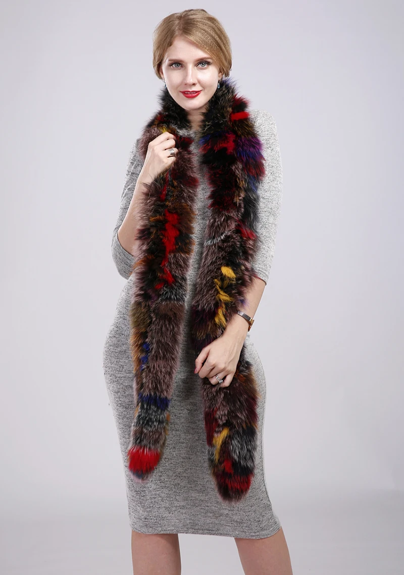 Натуральный мех лисы шарфы 100 см/200 см роскошный корейский модный шейный утеплитель красочный Лисий шарф мягкий пушистый вязаный мех одежда