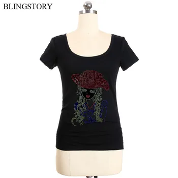 

BLINGSTORY Plus Size XXXXXXL Diamond Bead Print Short Sleeve Summer Casual T Shirt Women Tops