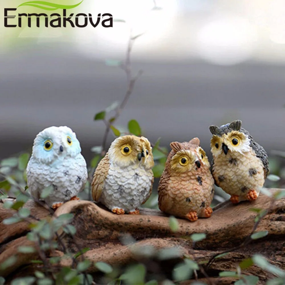 

ERMAKOVA 4 Pcs/Set Resin Mini Owl Miniature Animal Figurine Owl Craft Landscape Fairy Garden Bonsai Plant Garden Desktop Decor