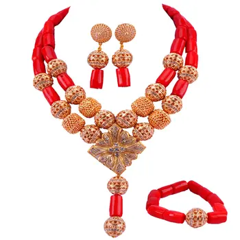

New Original Red Coral Beads Nigerian Wedding African Jewelry Sets Statement Necklace Set Free Shipping RCBS05