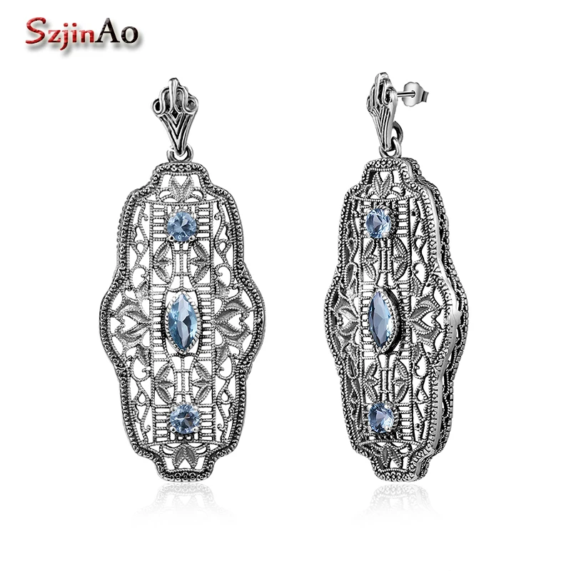 

Szjinao Victoria Party Pattern Big Earrings Fashion For Women With 3ct Aquamarine Piercing Earrings Studs Vintage Fine Jewelry