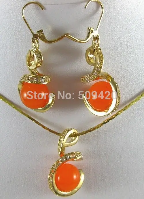 

Wholesale jewe204>>18k Yellow Inlay Crystal Gold GP South Orange Topaz Necklace Earring set #@