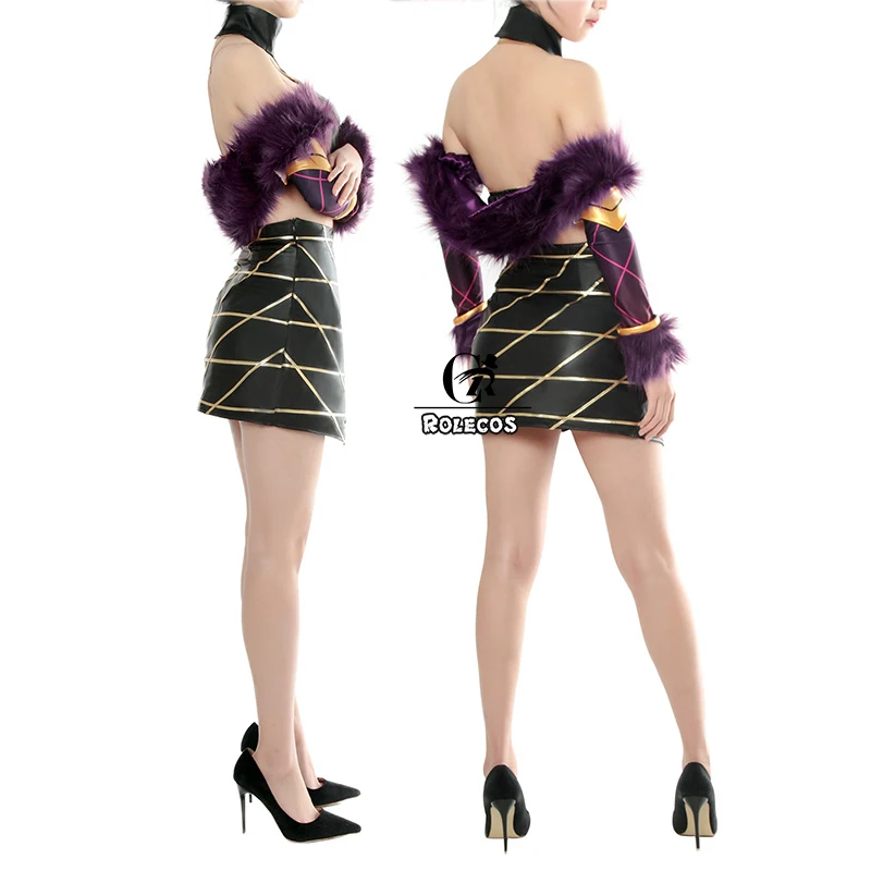 ROLECOS Game LOL K/DA Evelynn Cosplay Costume LOL KDA Evelynn Cosplay Costume Women Sexy Leather Costume Top Skirt Cape Full Set