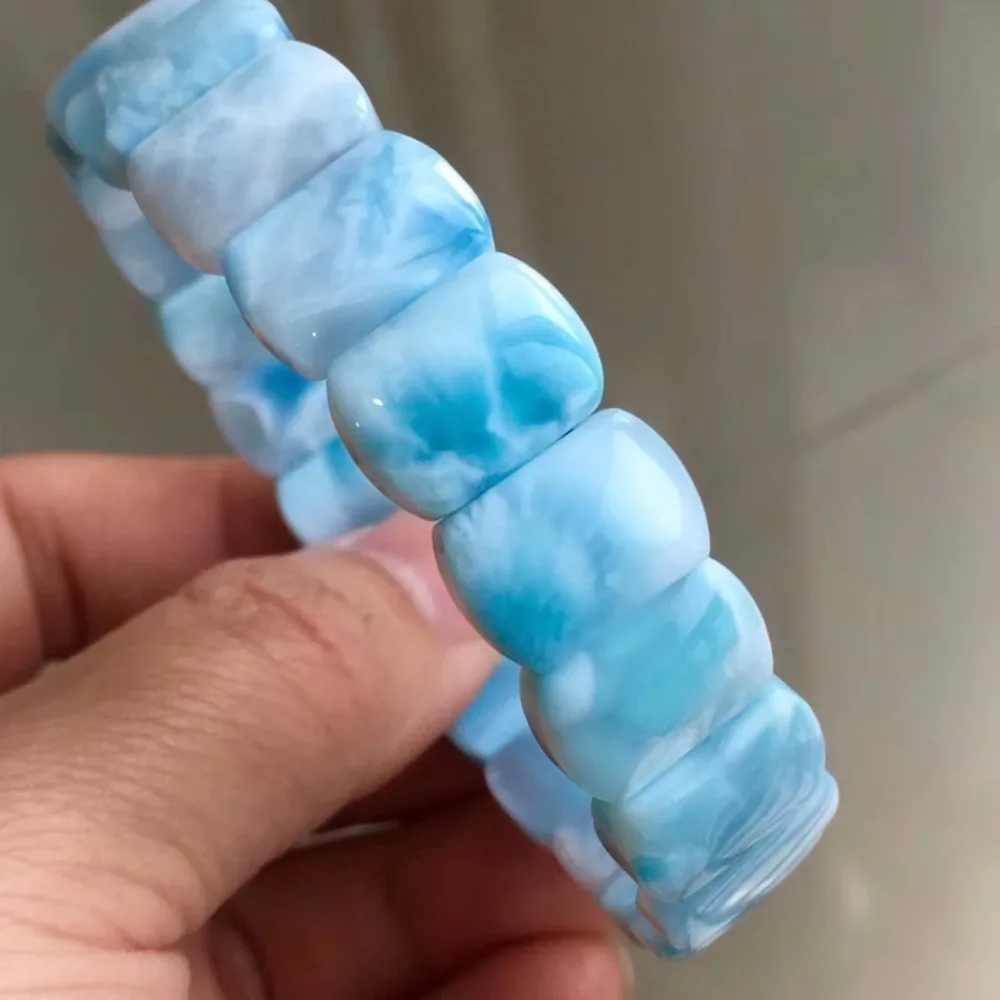 

Top Quality Natural Blue Larimar Gemstone Crystal Stretch Rectangle Beads Woman Larimar Bracelets 14x10x5mm Water Pattern AAAAA