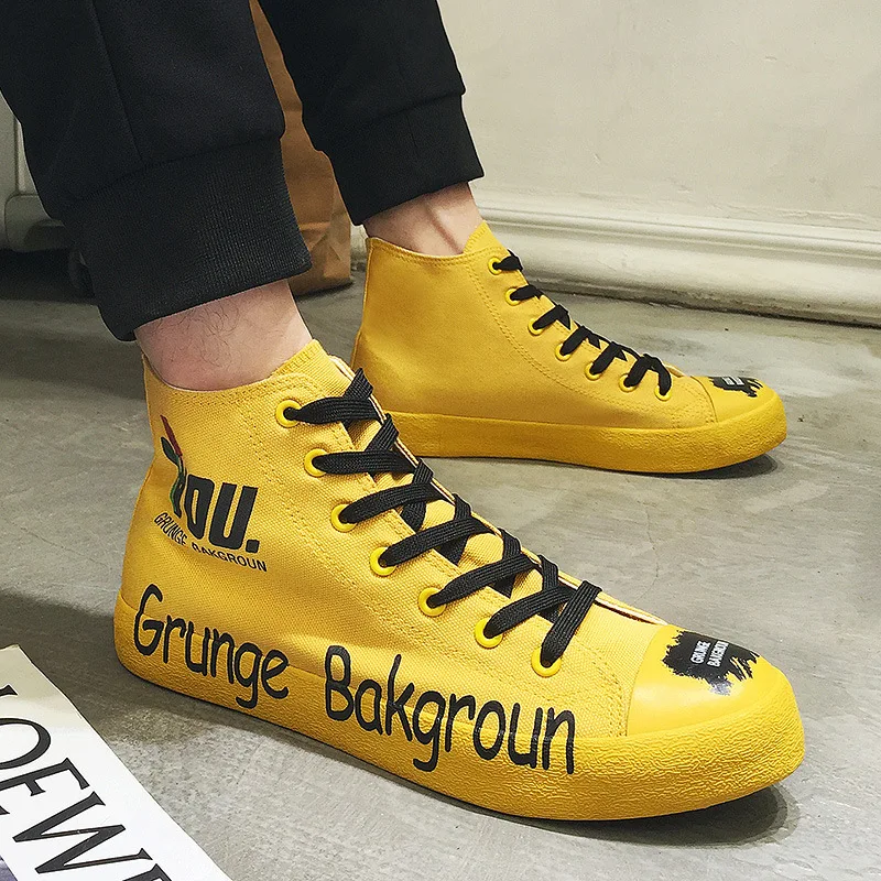 Ulzzang/мужская повседневная обувь; модные кроссовки в стиле хип-хоп на шнуровке; мужские высокие кеды; цвет желтый, белый; черные парусиновые туфли с надписями и граффити - Цвет: Цвет: желтый