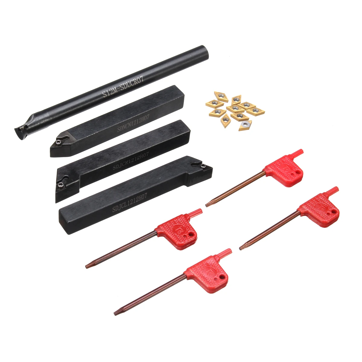 

4pcs Lathes Holder SDJCR1212H07 SDJCL1212H07 SDNCN1212H07 S12M-SDUCR07+4pcs Wrenches + 10pcs DCMT0702 Blade Turning Tools