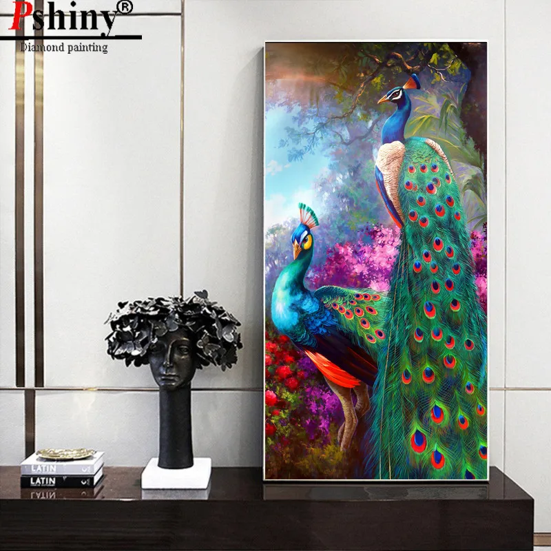 

PSHINY DIY Diamond embroidery sale Bright color peacock paintings from crystals full round mosaic animal pictures of rhinestones