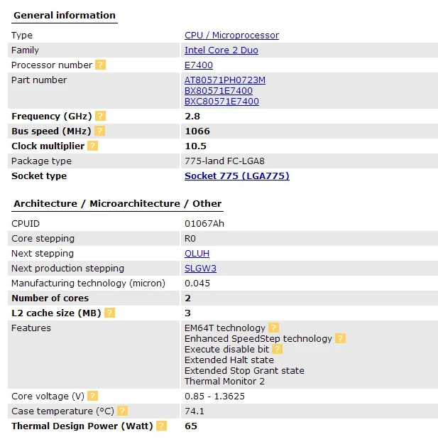 Intel Core 2 Duo настольный процессор E7400 3 м кэш, 2,80 ГГц, 1066 МГц в течение 1 дня