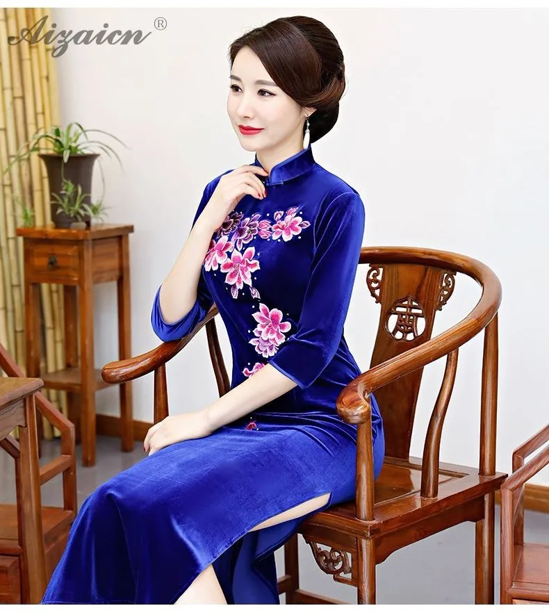 Зимние Бархатные Cheongsam Половина рукава Вышивка Qipao длинные китайское традиционное платье вечернее платье Китай Cheongsams велюр Qi Pao