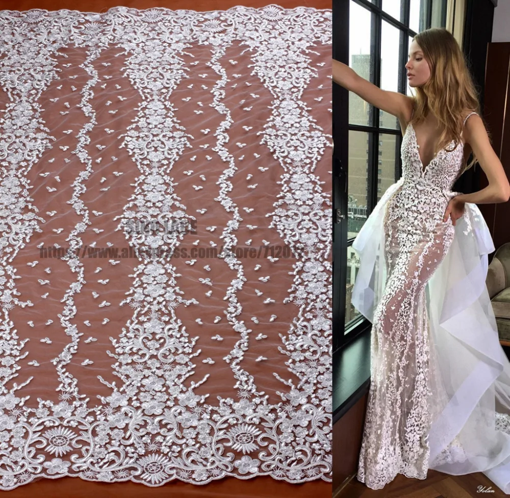

off white super heavy embroidery wedding dress lace fabric sequins rayon high quality bride fabric 130cm width FHDD130WT