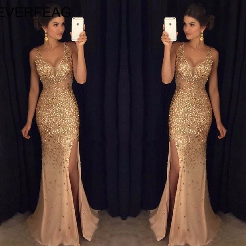 

Sexy Mermaid Prom Dresses Crystal V Neck Evening Party Gown 2018 Floor Length Slit Vestido de Formatura Longo