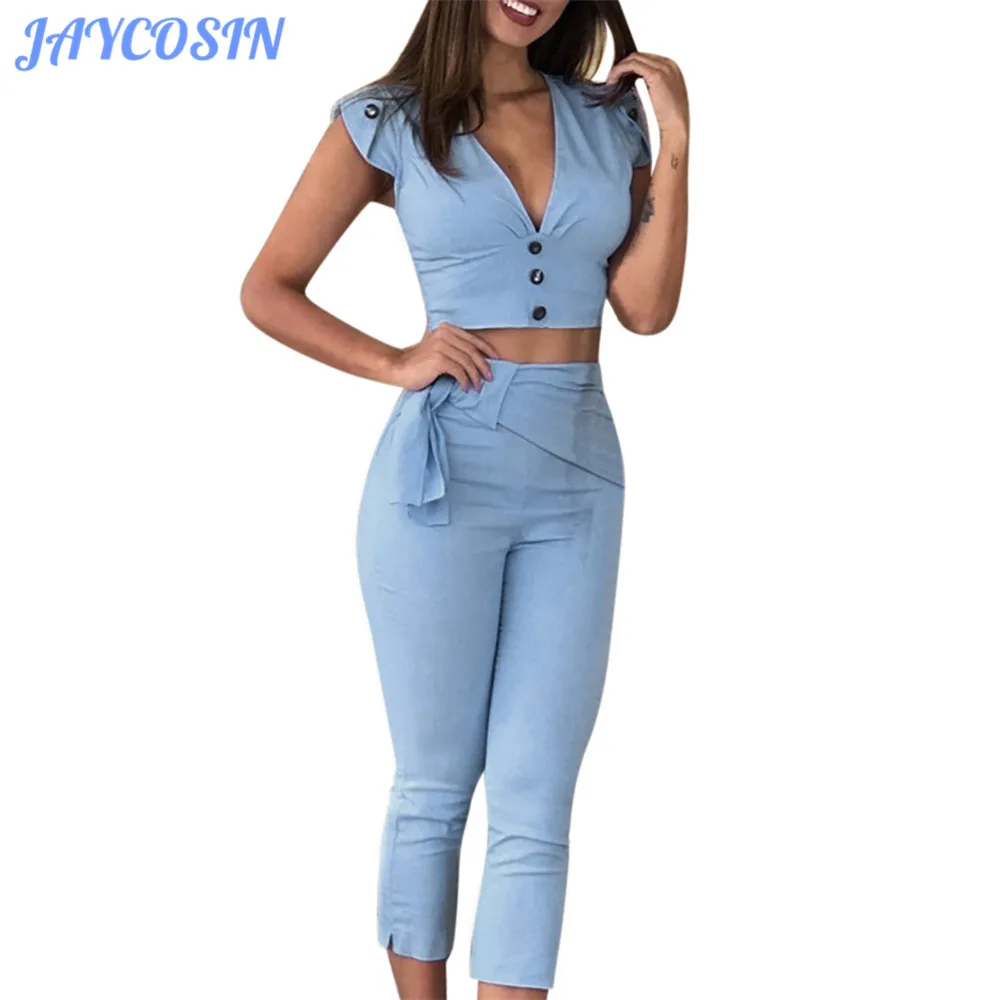 

JAYCOSIN Women Set Clothes Sexy Solid Color Elegant Two Piece Set V-Neck Button Blouse Bandage Pants Fashion Casual Girls Suit
