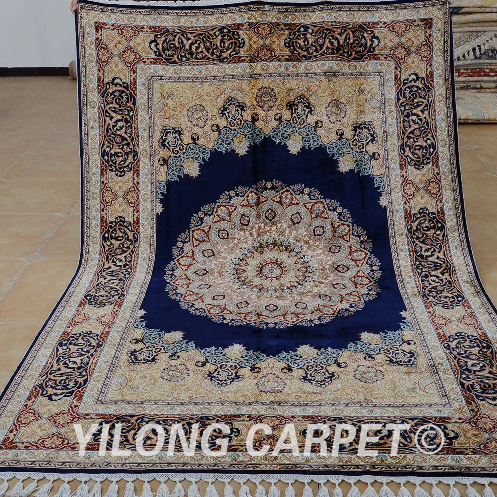 Yilong 5.6'x8.2' Antique persian carpets dark blue medallion kashmir