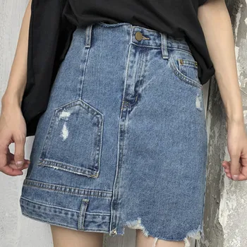 

New Summer Style Women Skirts Plus Size Casual Loose Irregular Hole Pockets Solid Jeans Skirts For Women Larger Denim One-Piece