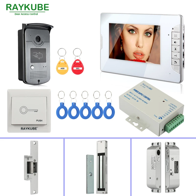 RAYKUBE RFID Door Access Control System With Video Door Phone Electric Door Lock RFID Reader Home Security Full Kit RAYKUBE RFID Door Access Control System With Video Door Phone Electric Door Lock RFID Reader Home Security Full Kit