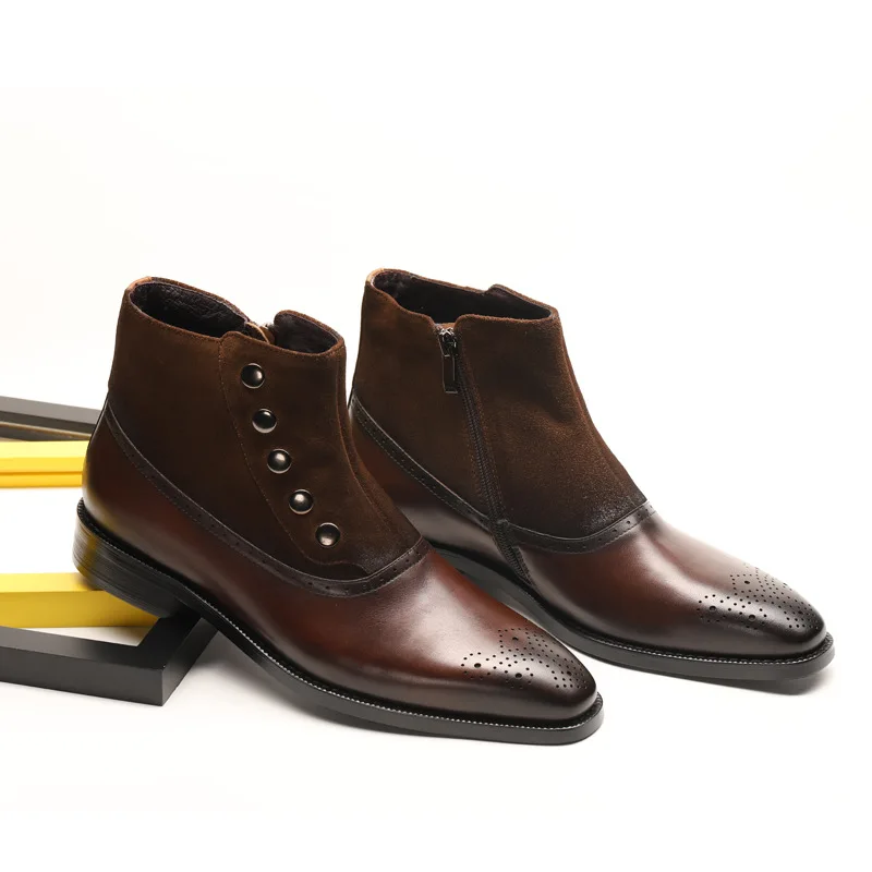 QFFAZ Top Quality British Men Boots Spring Autumn Shoes Fashion Slip On Boots Breathable Genuine Leather Male Boot