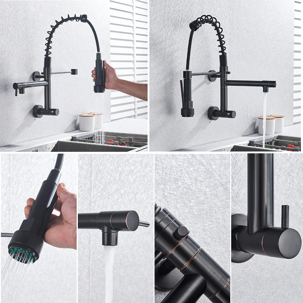 Black Bronze Kitchen Faucet One Handle Cold Water Tap for Kitchen Wall Mounted Single Hole Pull Down Swivel Spout Faucet