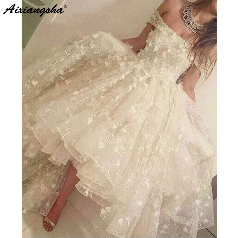 

Fairy Prom Dresses 2019 Ball Gown Off the Shoulder Ivory Lace Flowers Short Sleeve High Low Prom Dress Saudi Arabic Evening Gown