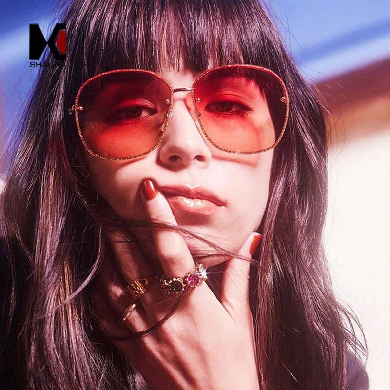 

SHAUNA 2018 new Shining Rim Women Rimless square Sunglasses Popular Men Green clear Gradient Lens Glasses UV400
